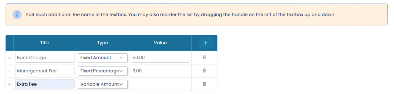 Name the fee, choose its type, and enter the value