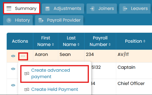 Summary tab — Create Advanced Payment