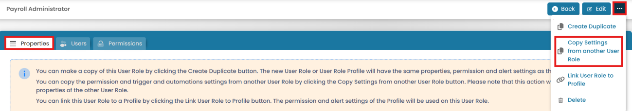 Duplicate or copy settings from the Properties tab