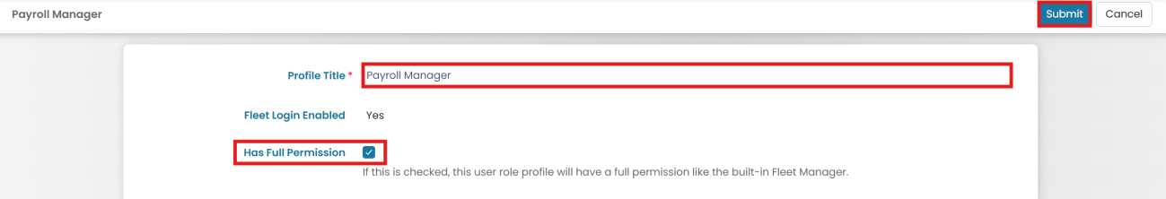Name the profile and set full permissions if required