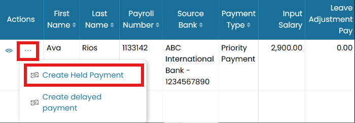 Create Held Payment from the Payroll Provider tab
