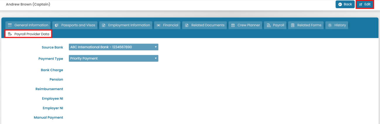 Payroll Provider Data tab — Edit